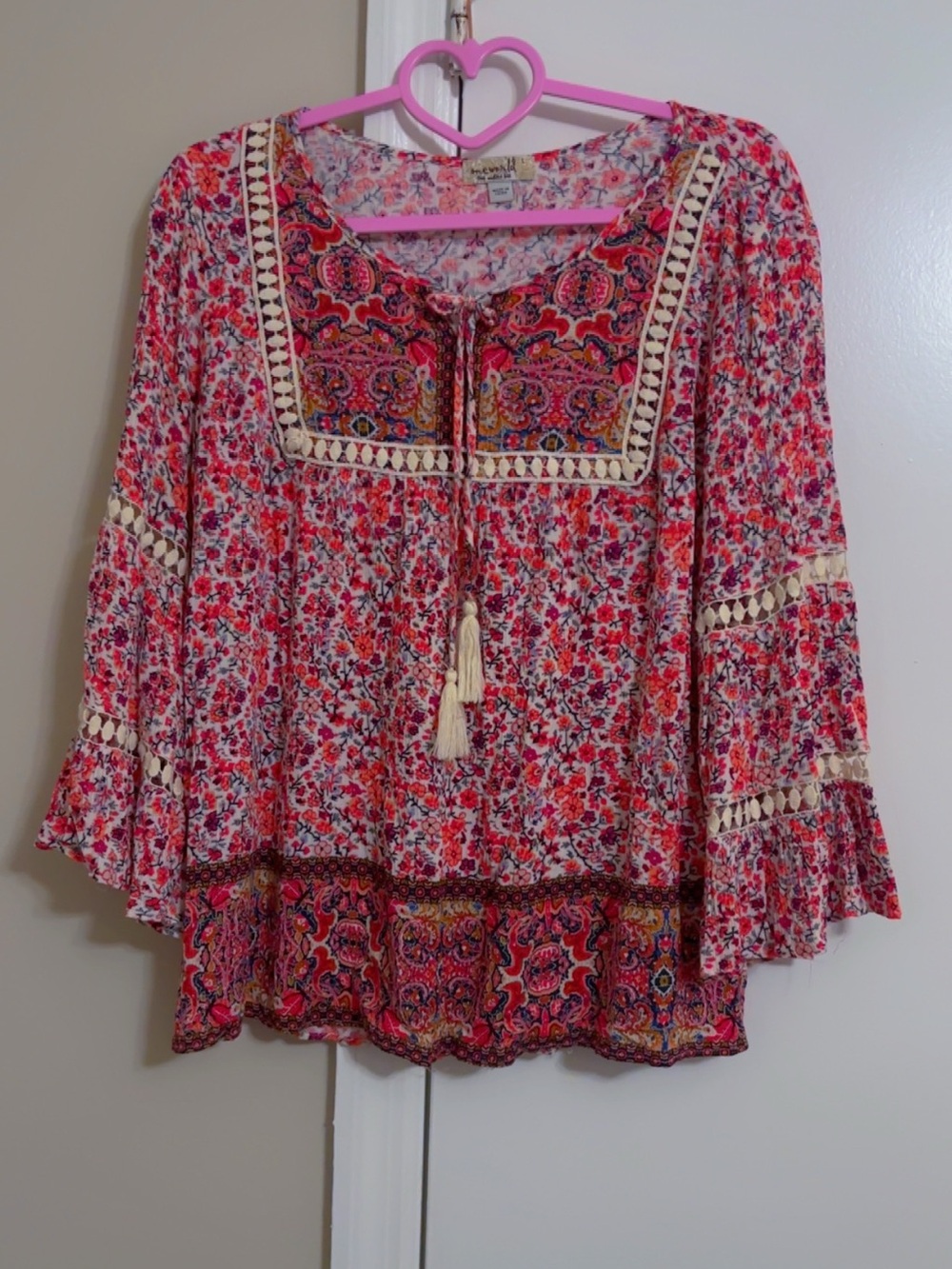 ONE WORLD Pink Floral Boho Tunic with Cream Tassel
